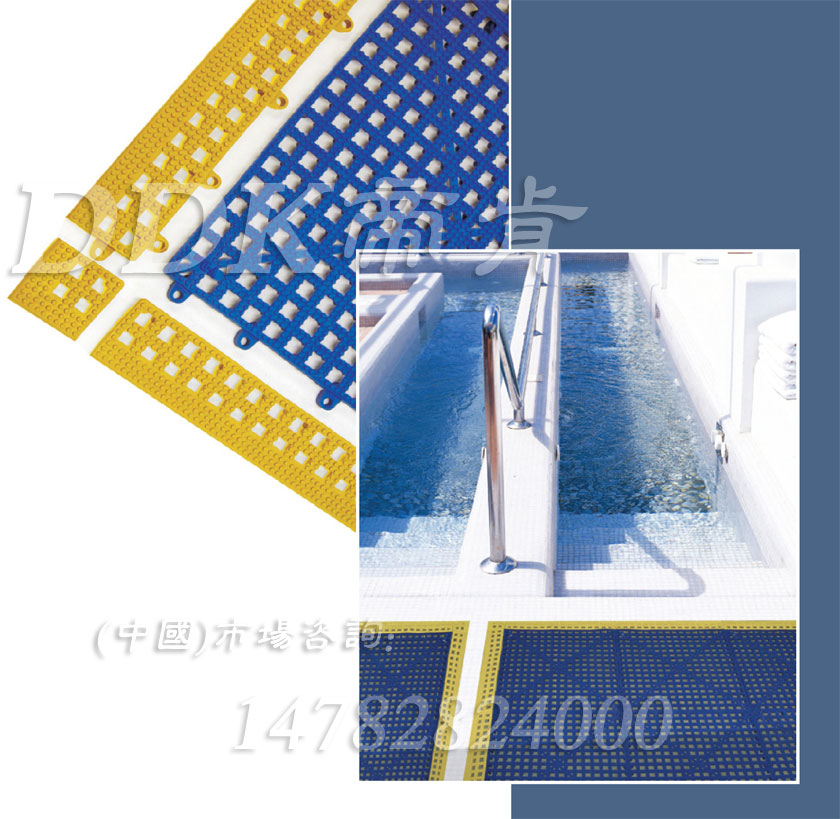 【泳池拼塊地墊】藍色效果黃色護邊的疏水型泳池拼塊地墊樣板圖片,帝肯(DDK)_8800_339（泳池大理石地面防滑材料）效果圖,泳池地膠,泳池防滑地墊,泳池防滑地毯,游泳池地墊,游泳池防滑地膠,游泳池防滑墊,游泳館防滑墊